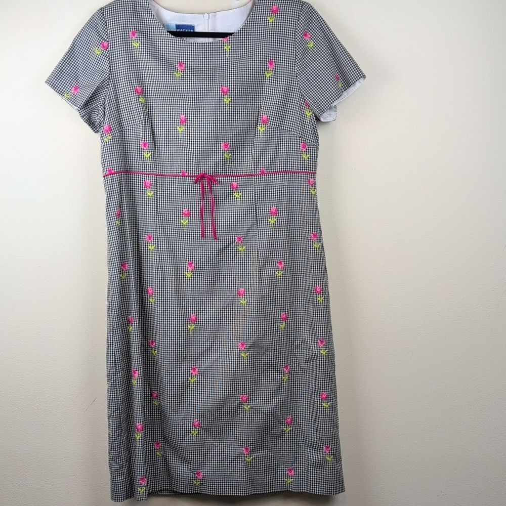 Vintage Black & White Gingham Dress Pink Floral Embroidery Size 12